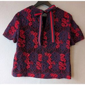 Ted Baker Thalia Floral Lace Top Red Navy Ribbon Bow Back Women's UK 1 = US 2